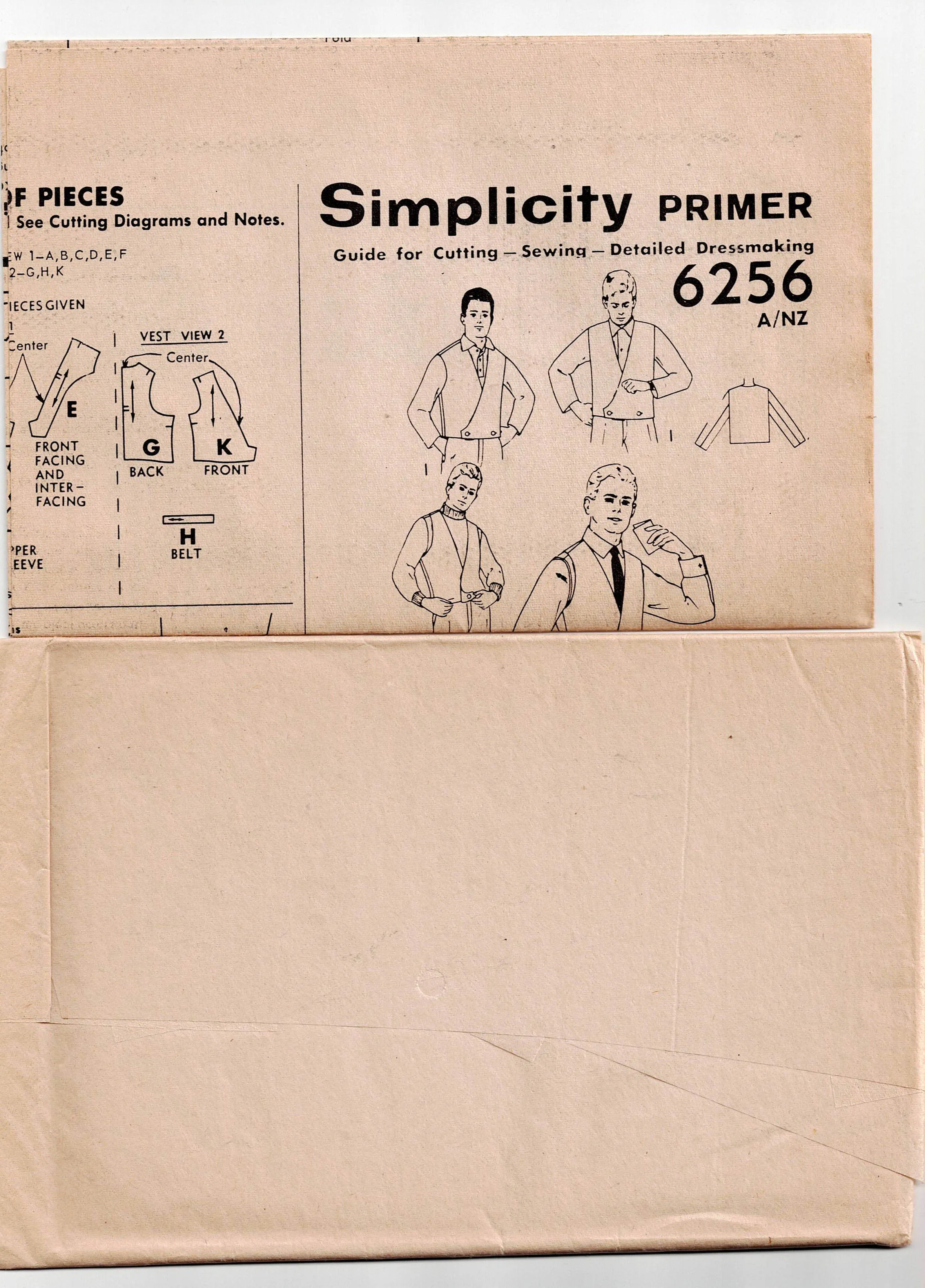 Simplicity 6256 Mens Reversible Waistcoat & Jacket 1960s Vintage Sewing Pattern Size 44 inches