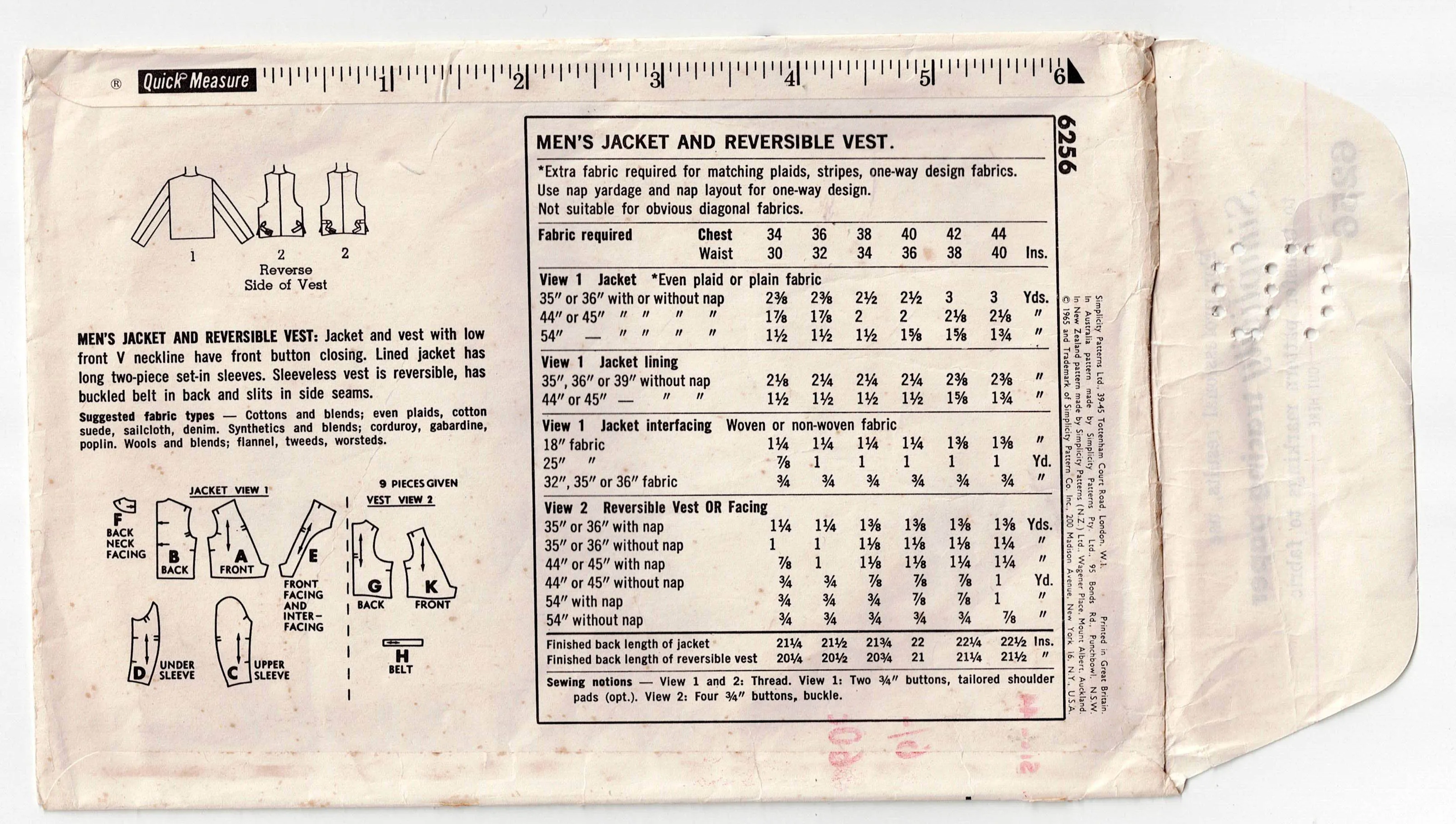 Simplicity 6256 Mens Reversible Waistcoat & Jacket 1960s Vintage Sewing Pattern Size 44 inches