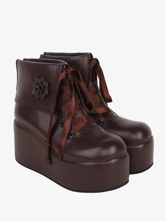 Sweet Lolita Boots Black Applique Floral Print Round Toe PU Leather Lolita Footwear