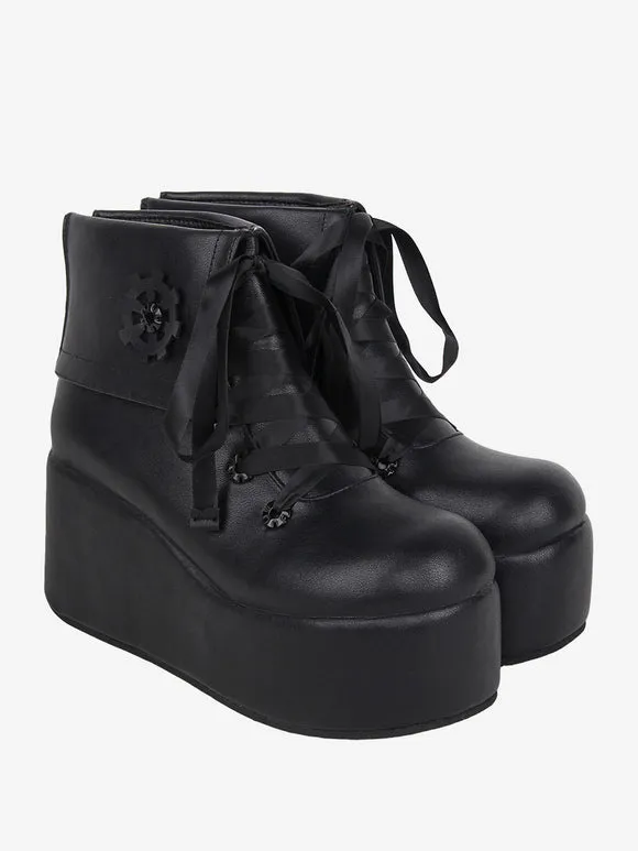 Sweet Lolita Boots Black Applique Floral Print Round Toe PU Leather Lolita Footwear