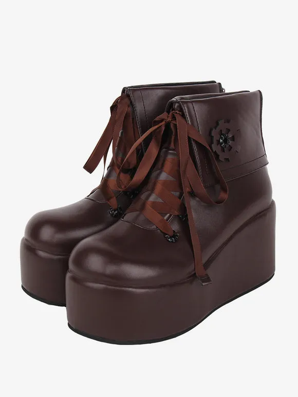 Sweet Lolita Boots Black Applique Floral Print Round Toe PU Leather Lolita Footwear