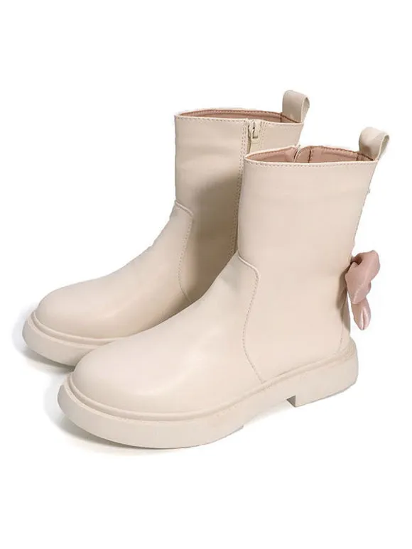 Sweet Lolita Boots Ecru White Bows Round Toe PU Leather Lolita Footwear