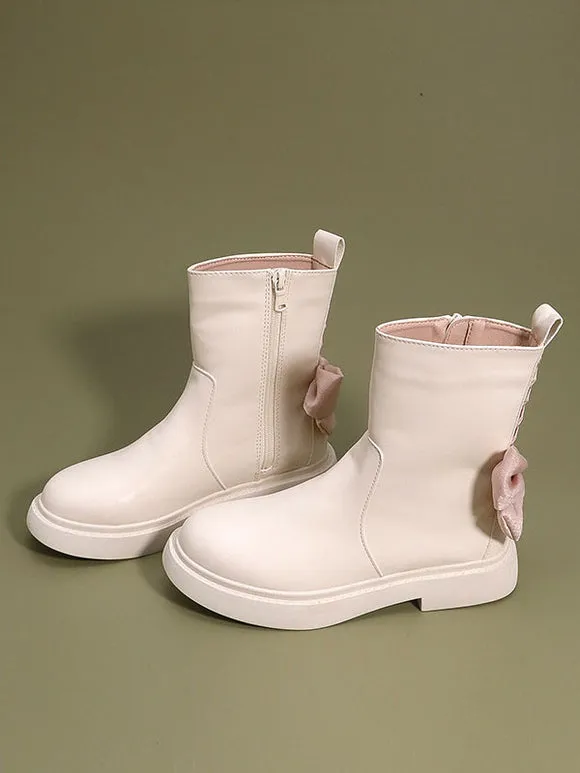 Sweet Lolita Boots Ecru White Bows Round Toe PU Leather Lolita Footwear