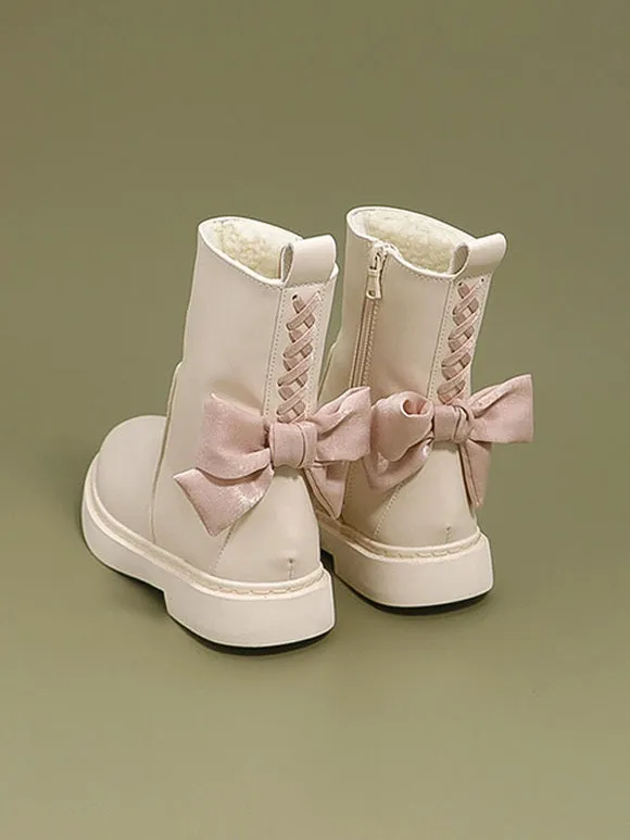 Sweet Lolita Boots Ecru White Bows Round Toe PU Leather Lolita Footwear