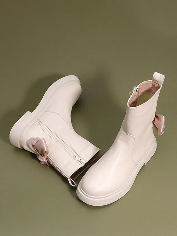 Sweet Lolita Boots Ecru White Bows Round Toe PU Leather Lolita Footwear