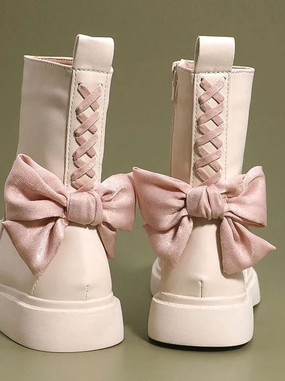 Sweet Lolita Boots Ecru White Bows Round Toe PU Leather Lolita Footwear