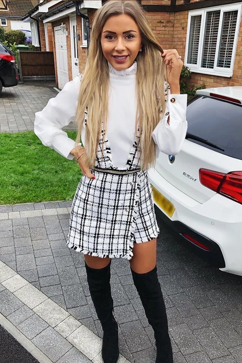 White Black Tweed Pearl Button Playsuit - Jolette