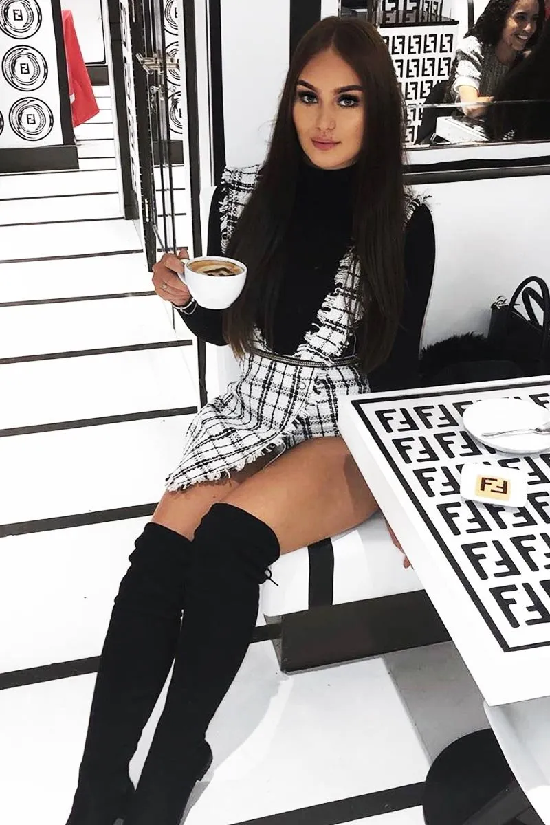 White Black Tweed Pearl Button Playsuit - Jolette
