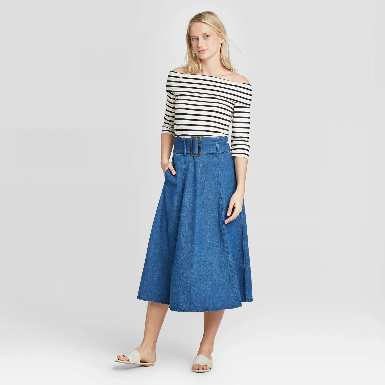 Who What Wear NWT Mid Rise Belted Swing A-Line Midi Skirt Blue 16