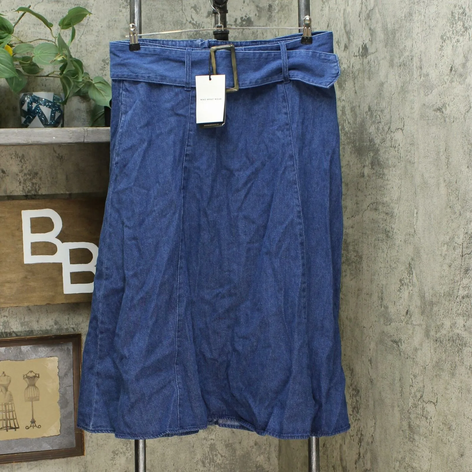 Who What Wear NWT Mid Rise Belted Swing A-Line Midi Skirt Blue 16