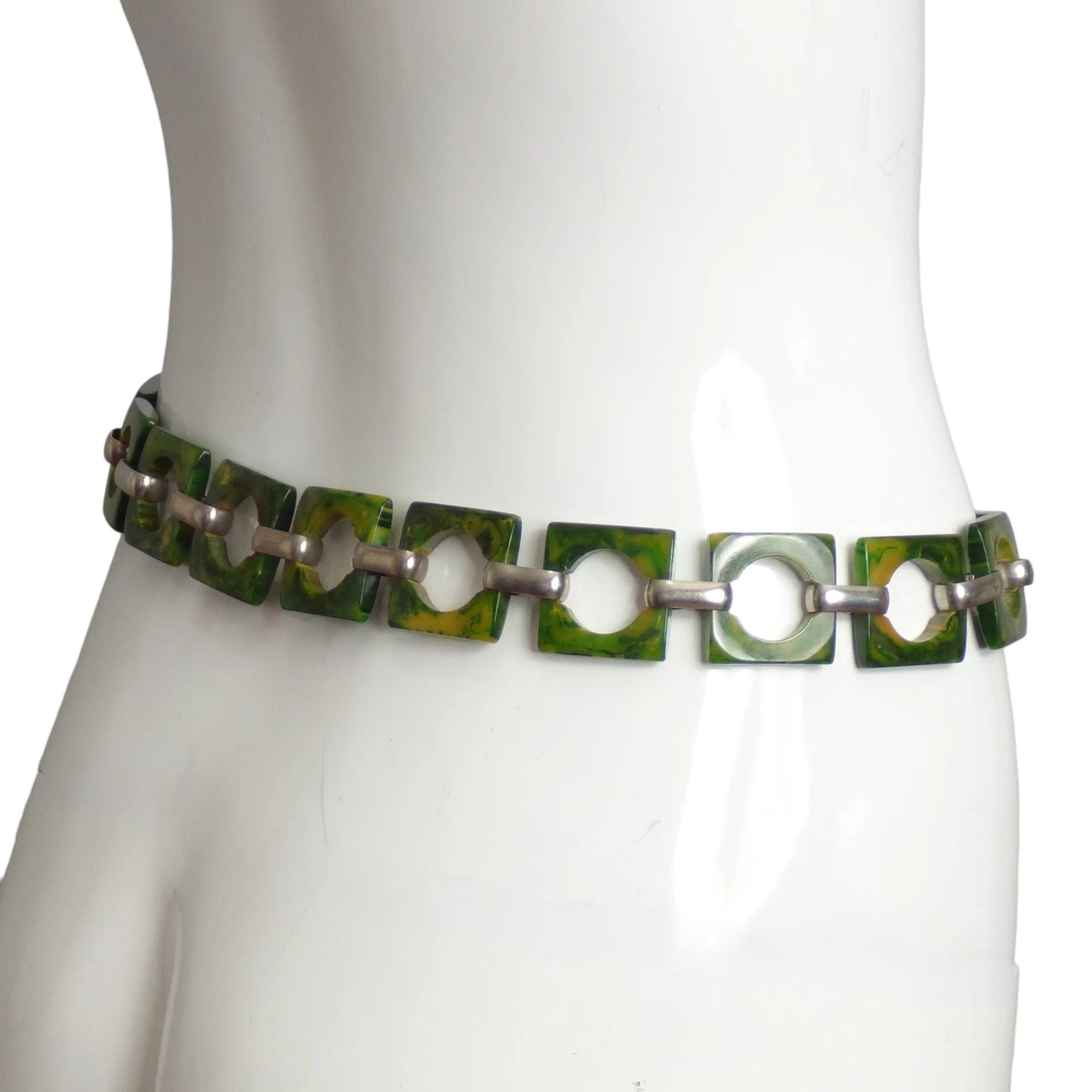 YVES SAINT LAURENT- c.1970 Marbled Green Lucite Chain Belt